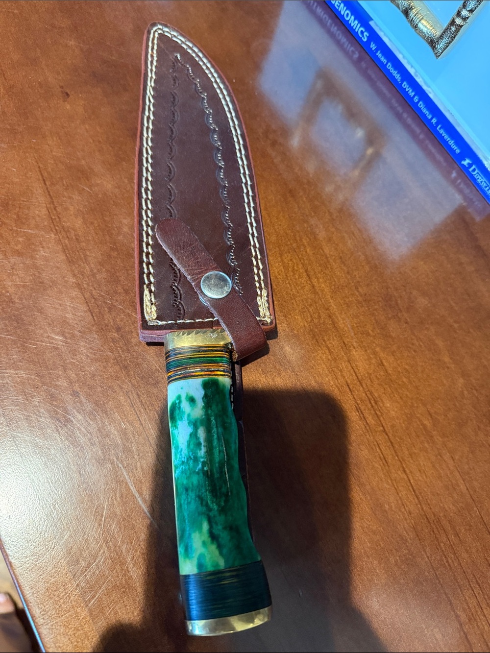 Handmade Green Resin Handle Hunting Knife with Brown Leather Sheath